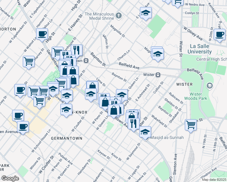 map of restaurants, bars, coffee shops, grocery stores, and more near 5321 Lena Street in Philadelphia