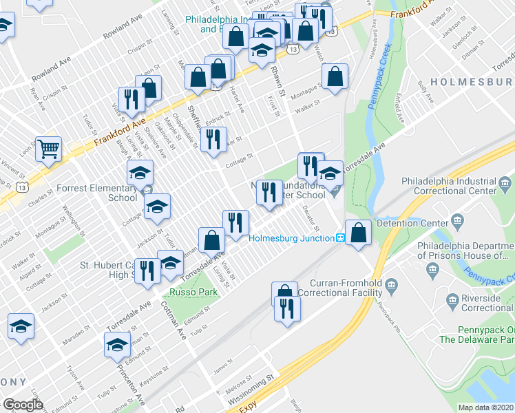 map of restaurants, bars, coffee shops, grocery stores, and more near 4601 Meridian Street in Philadelphia