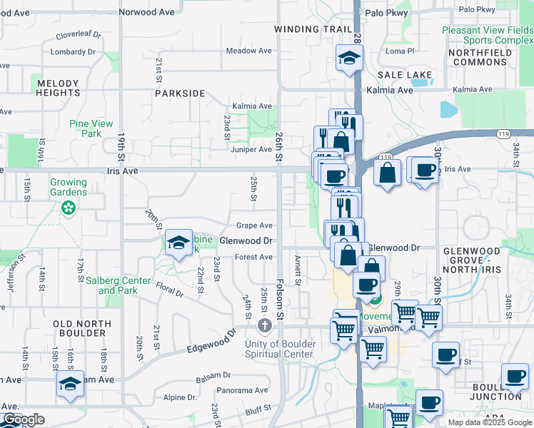 map of restaurants, bars, coffee shops, grocery stores, and more near 2530 Hawthorn Avenue in Boulder