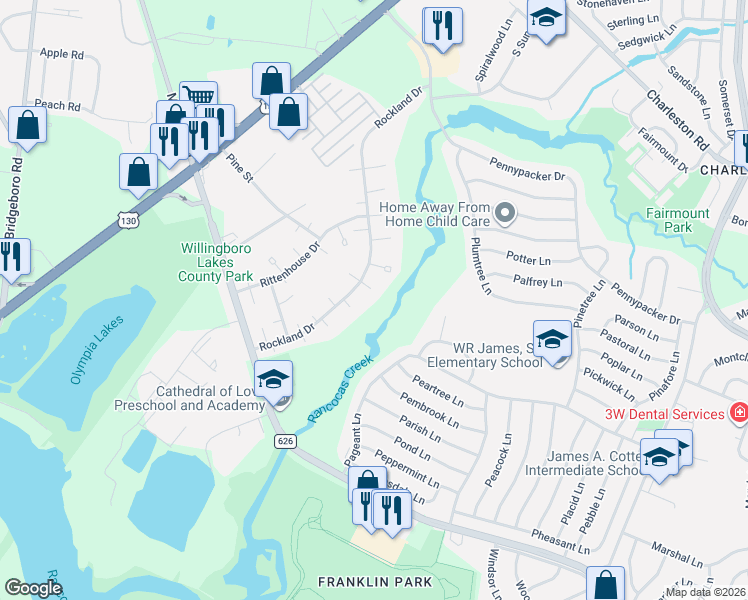 map of restaurants, bars, coffee shops, grocery stores, and more near 1 Roanoke Court in Willingboro