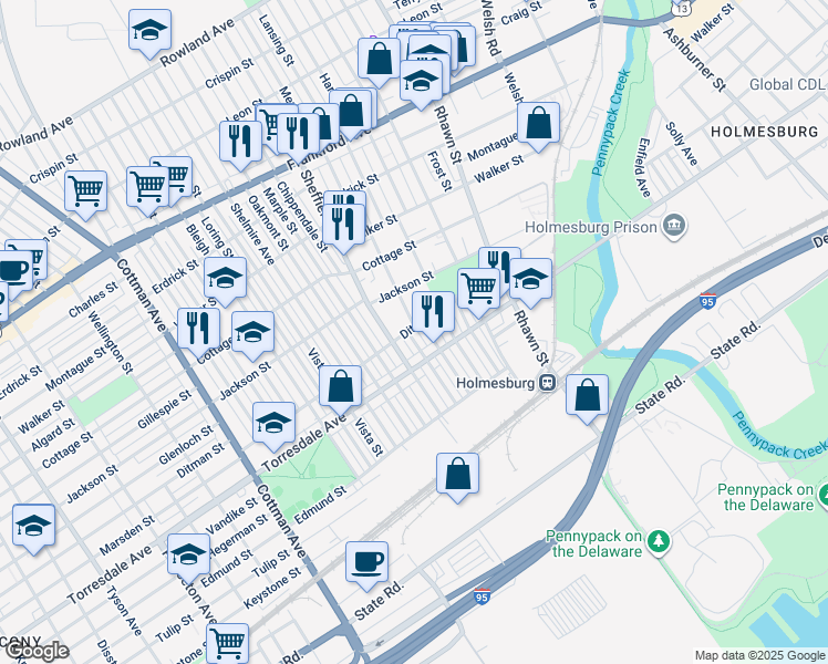 map of restaurants, bars, coffee shops, grocery stores, and more near 4601 Meridian Street in Philadelphia