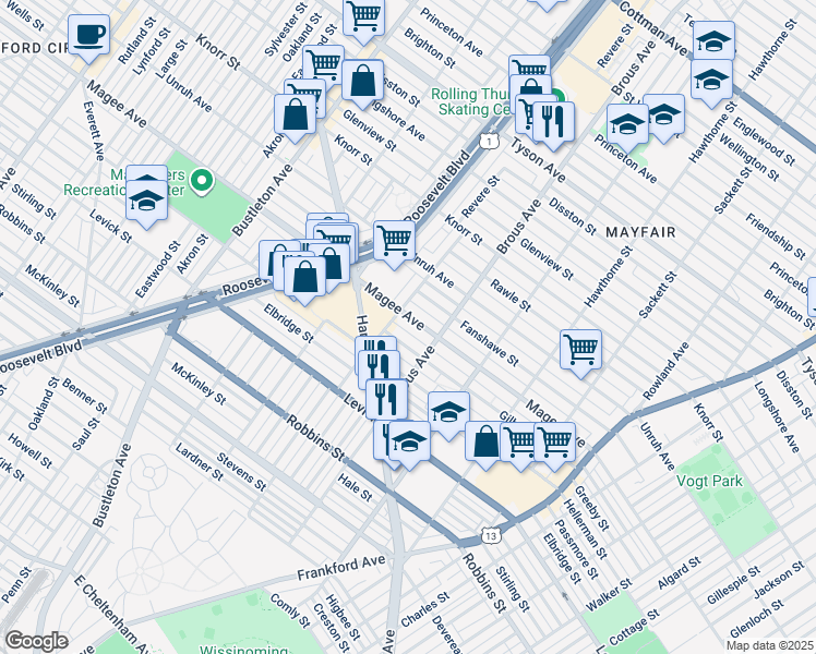 map of restaurants, bars, coffee shops, grocery stores, and more near 2816 Magee Avenue in Philadelphia