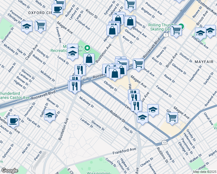 map of restaurants, bars, coffee shops, grocery stores, and more near 2642 Elbridge Street in Philadelphia