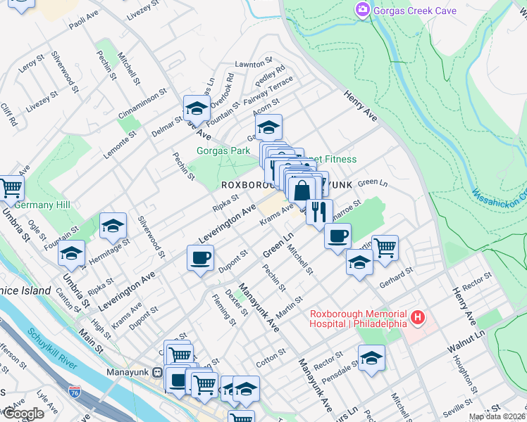 map of restaurants, bars, coffee shops, grocery stores, and more near 452 Leverington Avenue in Philadelphia