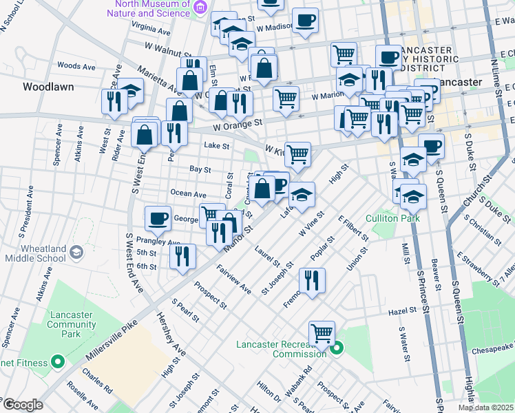 map of restaurants, bars, coffee shops, grocery stores, and more near 35 Caroline Street in Lancaster