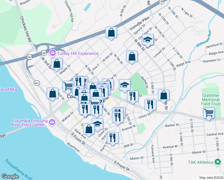 map of restaurants, bars, coffee shops, grocery stores, and more near 512 Walnut Street in Columbia