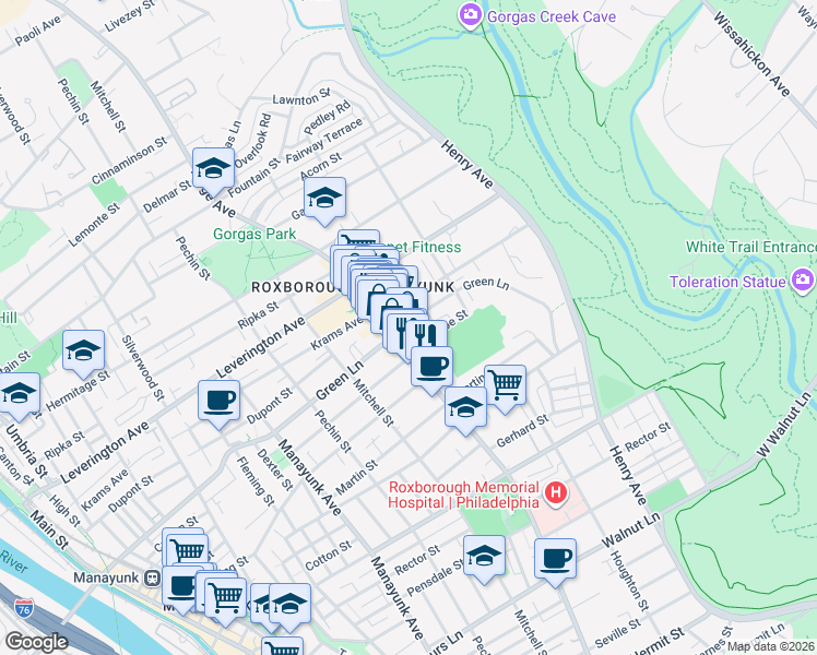 map of restaurants, bars, coffee shops, grocery stores, and more near 540 Green Lane in Philadelphia