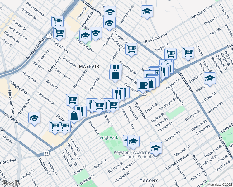 map of restaurants, bars, coffee shops, grocery stores, and more near 3300 Tyson Avenue in Philadelphia