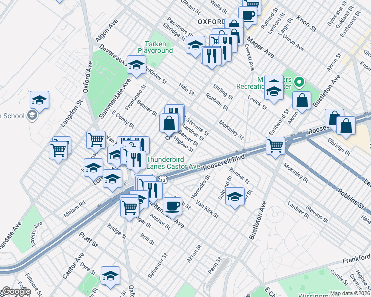 map of restaurants, bars, coffee shops, grocery stores, and more near 1447 Benner Street in Philadelphia