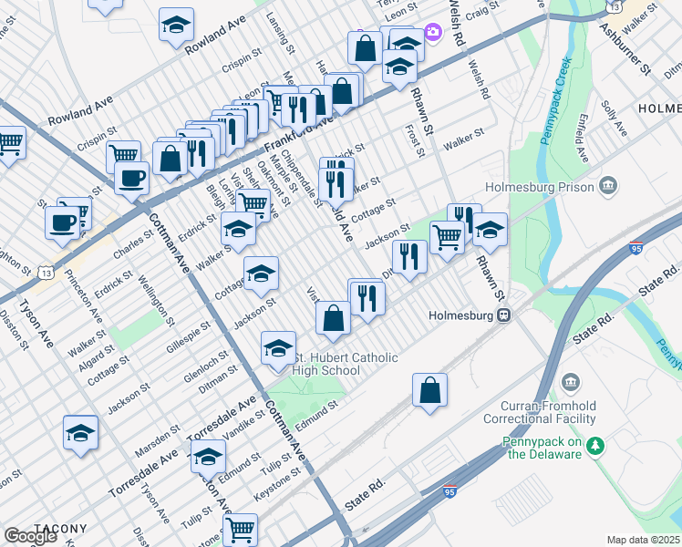 map of restaurants, bars, coffee shops, grocery stores, and more near 4521 Oakmont Street in Philadelphia
