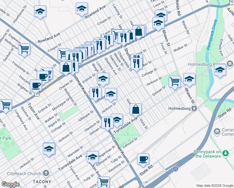 map of restaurants, bars, coffee shops, grocery stores, and more near 4401 Loring Street in Philadelphia
