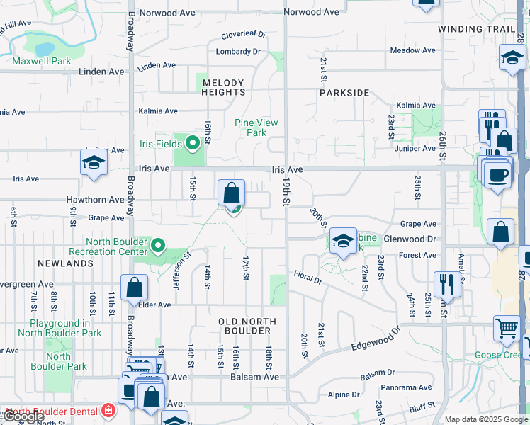 map of restaurants, bars, coffee shops, grocery stores, and more near 1707 Grape Avenue in Boulder