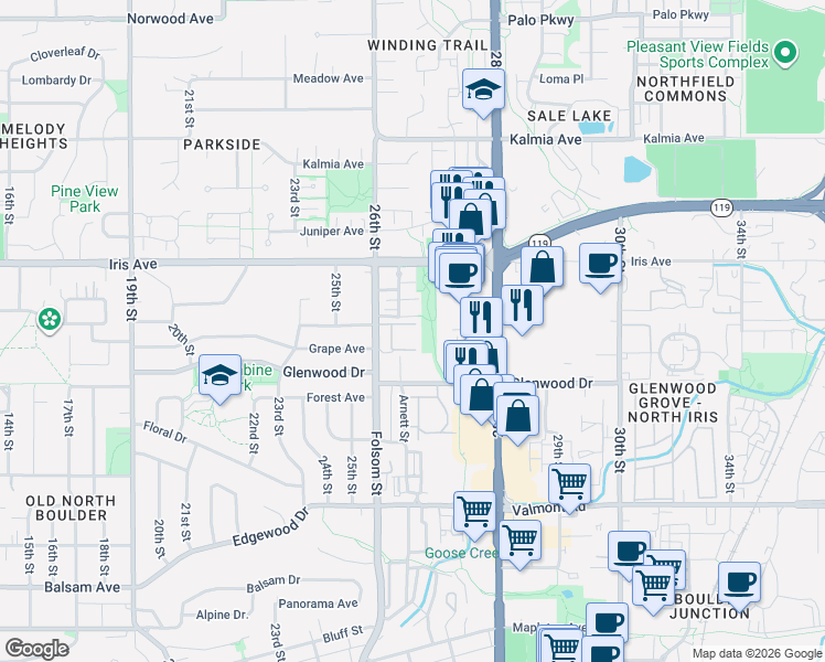 map of restaurants, bars, coffee shops, grocery stores, and more near 2660 Hawthorn Place in Boulder