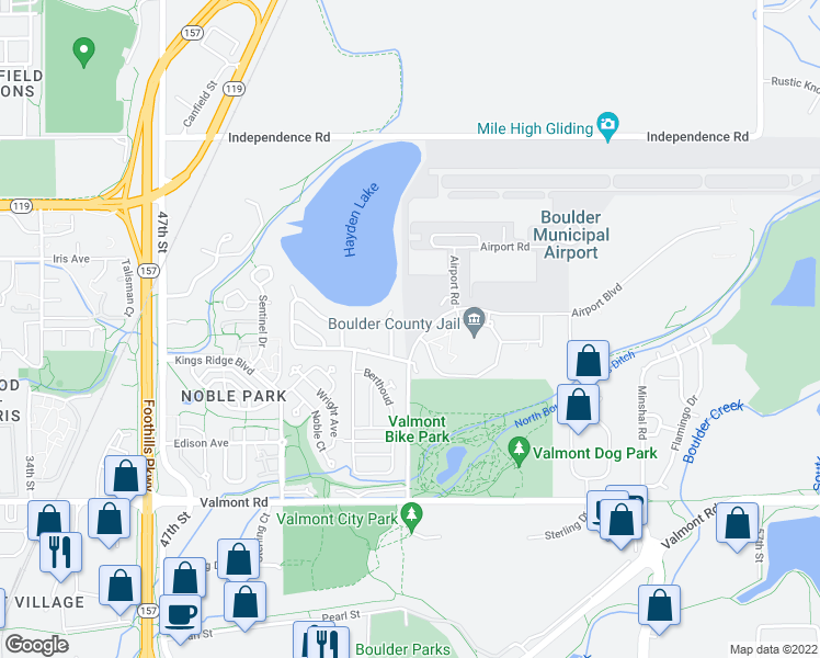 map of restaurants, bars, coffee shops, grocery stores, and more near 3309 Airport Road in Boulder