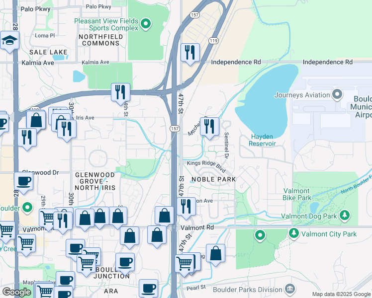 map of restaurants, bars, coffee shops, grocery stores, and more near 3300 Mitchell Lane in Boulder