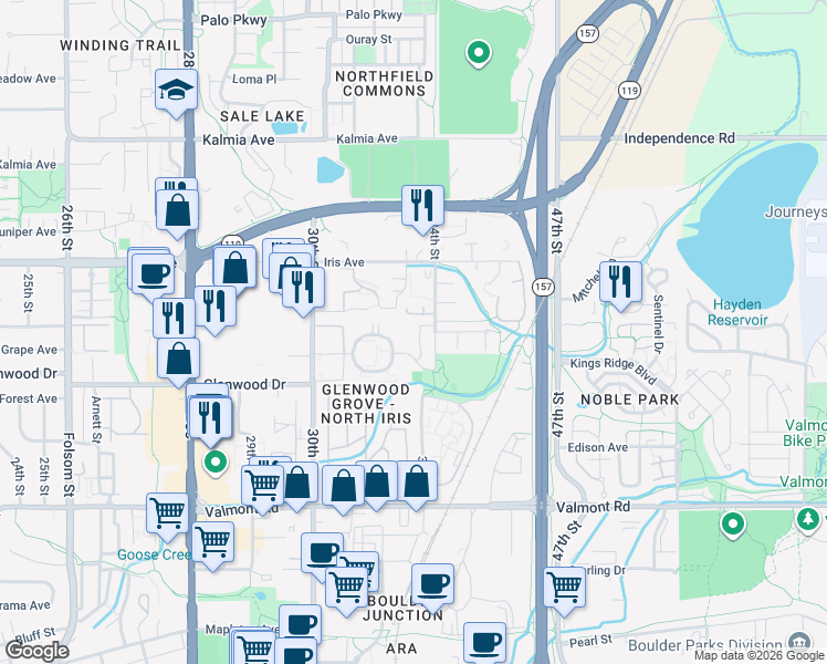 map of restaurants, bars, coffee shops, grocery stores, and more near 3300 Bridger Trail in Boulder