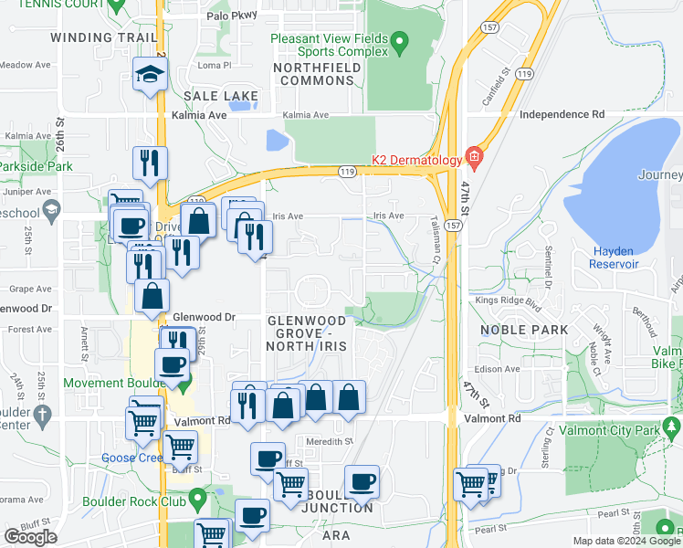 map of restaurants, bars, coffee shops, grocery stores, and more near 3300 Bridger Trail in Boulder