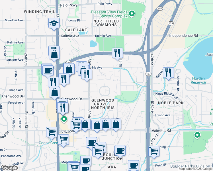 map of restaurants, bars, coffee shops, grocery stores, and more near 3300 Bridger Trail in Boulder