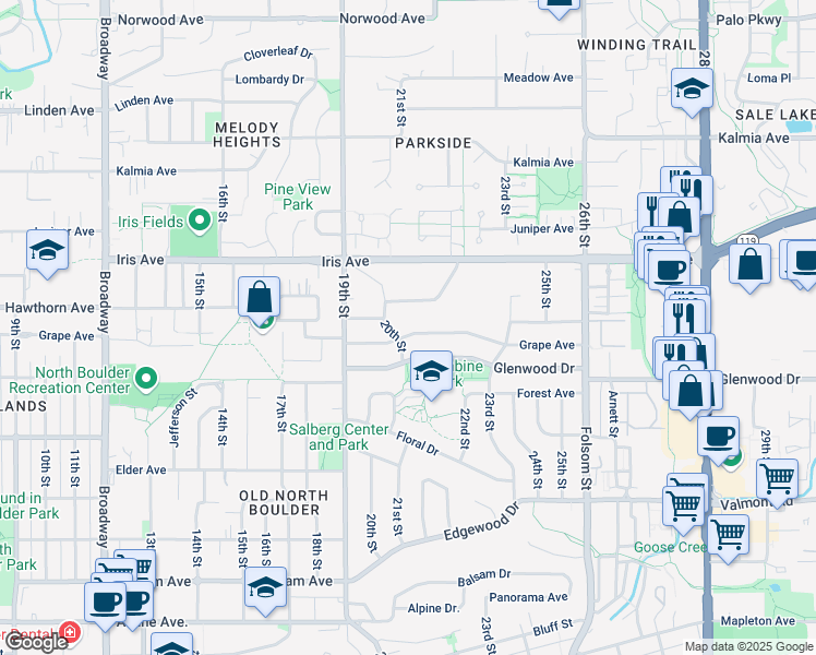 map of restaurants, bars, coffee shops, grocery stores, and more near 2022 Hermosa Drive in Boulder