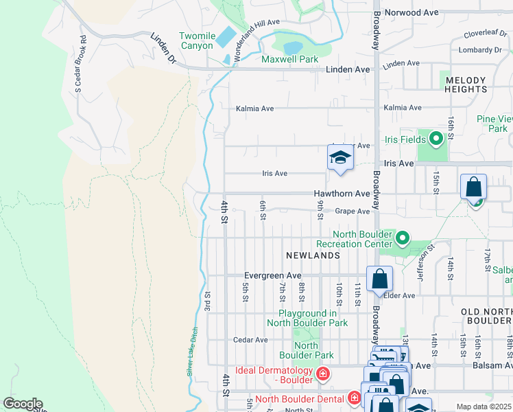 map of restaurants, bars, coffee shops, grocery stores, and more near 570 Hawthorn Avenue in Boulder