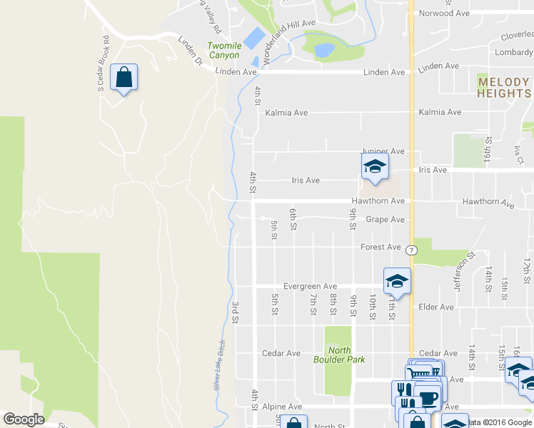 map of restaurants, bars, coffee shops, grocery stores, and more near 425 Hawthorn Avenue in Boulder