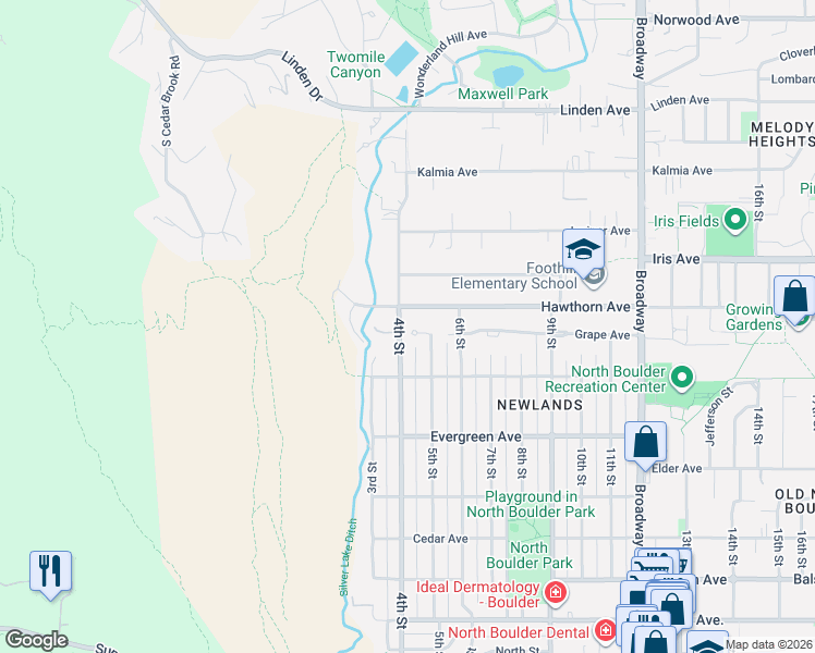 map of restaurants, bars, coffee shops, grocery stores, and more near 425 Hawthorn Avenue in Boulder