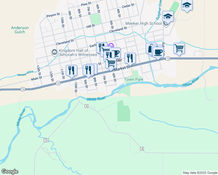 map of restaurants, bars, coffee shops, grocery stores, and more near 683 Water Street in Meeker