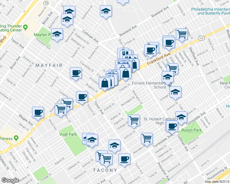 map of restaurants, bars, coffee shops, grocery stores, and more near 7129 Frankford Avenue in Philadelphia