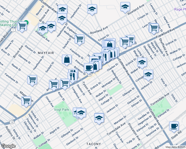 map of restaurants, bars, coffee shops, grocery stores, and more near in Philadelphia