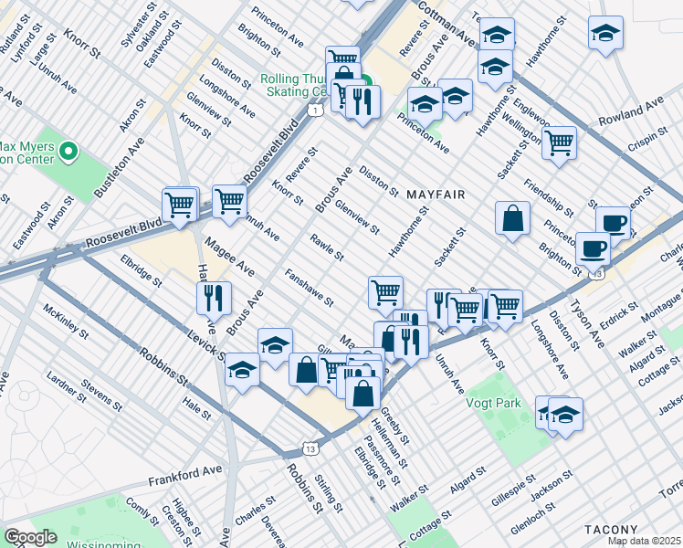 map of restaurants, bars, coffee shops, grocery stores, and more near 3009 Rawle Street in Philadelphia