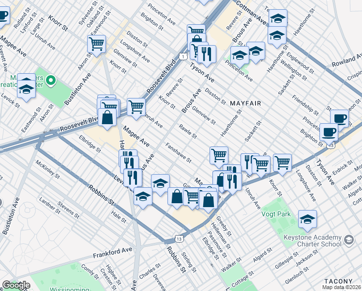 map of restaurants, bars, coffee shops, grocery stores, and more near 2929 Unruh Avenue in Philadelphia