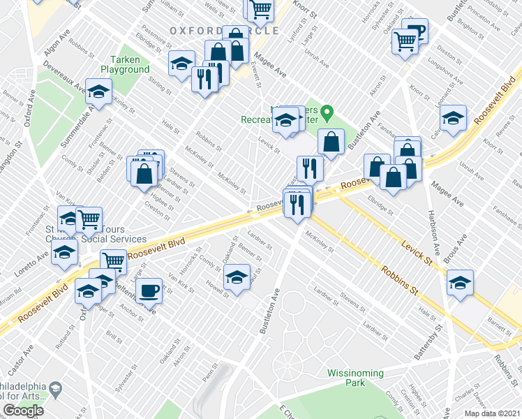 map of restaurants, bars, coffee shops, grocery stores, and more near 6242 Roosevelt Boulevard in Philadelphia