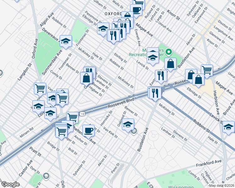 map of restaurants, bars, coffee shops, grocery stores, and more near 1540 Devereaux Avenue in Philadelphia