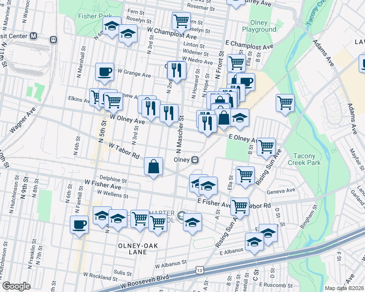 map of restaurants, bars, coffee shops, grocery stores, and more near 139 West Gale Street in Philadelphia