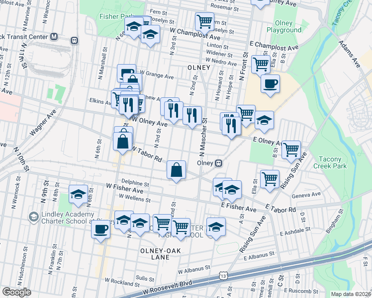 map of restaurants, bars, coffee shops, grocery stores, and more near 5520 North 2nd Street in Philadelphia