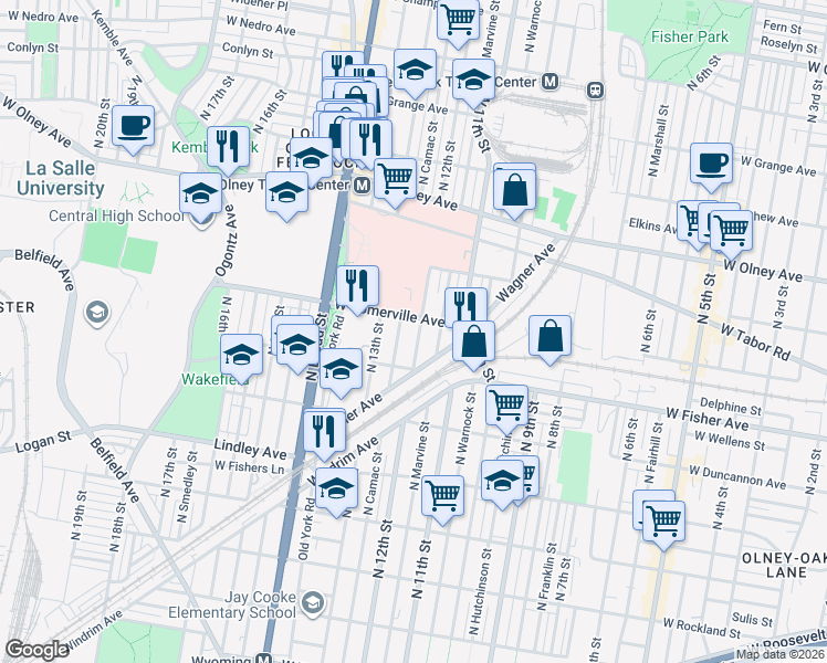 map of restaurants, bars, coffee shops, grocery stores, and more near 1225 West Somerville Avenue in Philadelphia