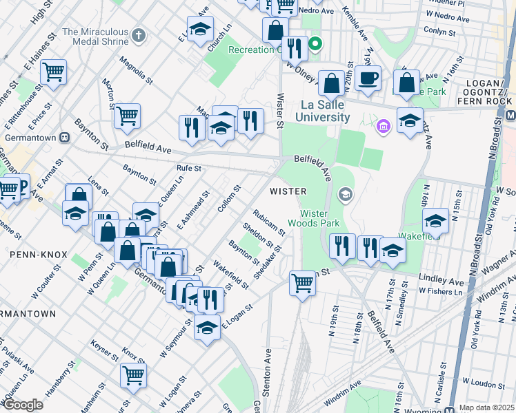 map of restaurants, bars, coffee shops, grocery stores, and more near 408 East Wister Street in Philadelphia