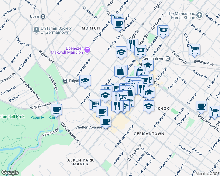 map of restaurants, bars, coffee shops, grocery stores, and more near 244 West Haines Street in Philadelphia