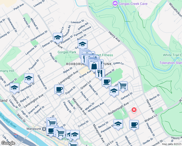 map of restaurants, bars, coffee shops, grocery stores, and more near 6182 Ridge Avenue in Philadelphia