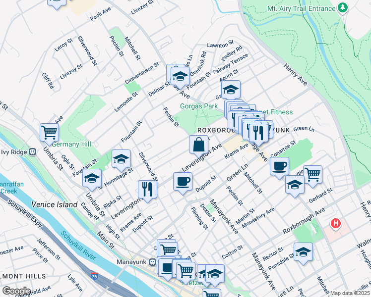 map of restaurants, bars, coffee shops, grocery stores, and more near 399 Hermitage Street in Philadelphia