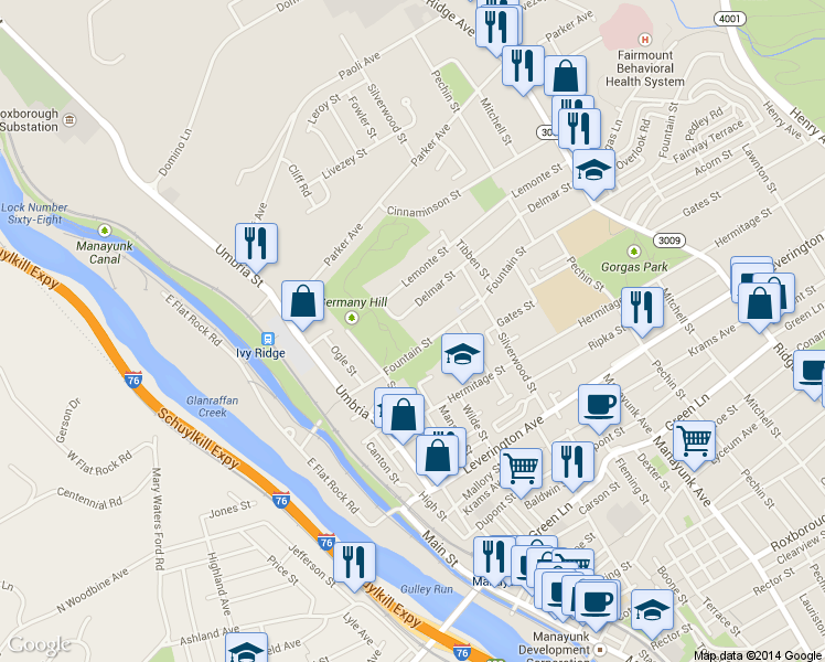 map of restaurants, bars, coffee shops, grocery stores, and more near 211 Delmar Street in Philadelphia