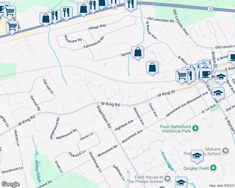 map of restaurants, bars, coffee shops, grocery stores, and more near 232 Charleston Greene in Malvern