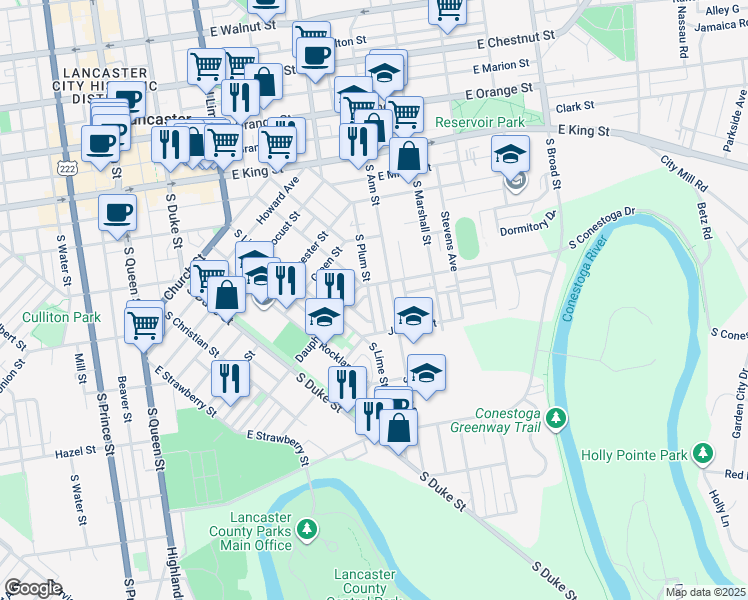 map of restaurants, bars, coffee shops, grocery stores, and more near 717 South Plum Street in Lancaster