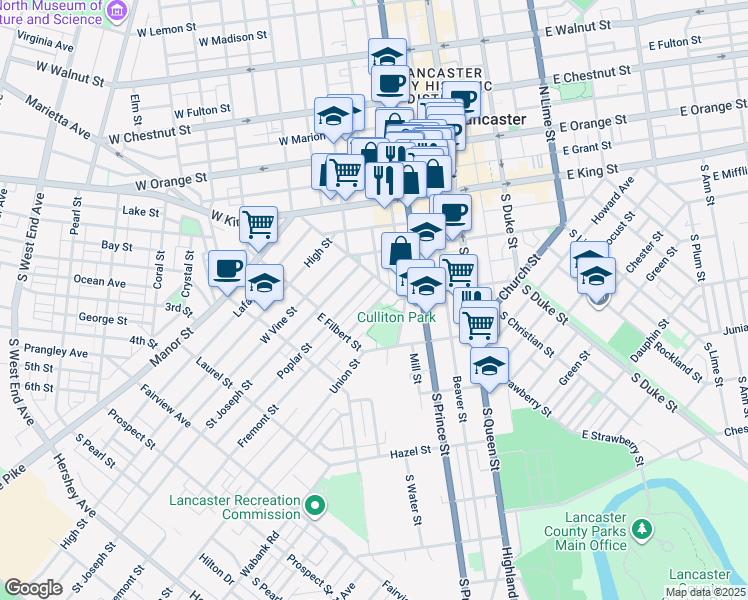 map of restaurants, bars, coffee shops, grocery stores, and more near 407 Poplar Street in Lancaster