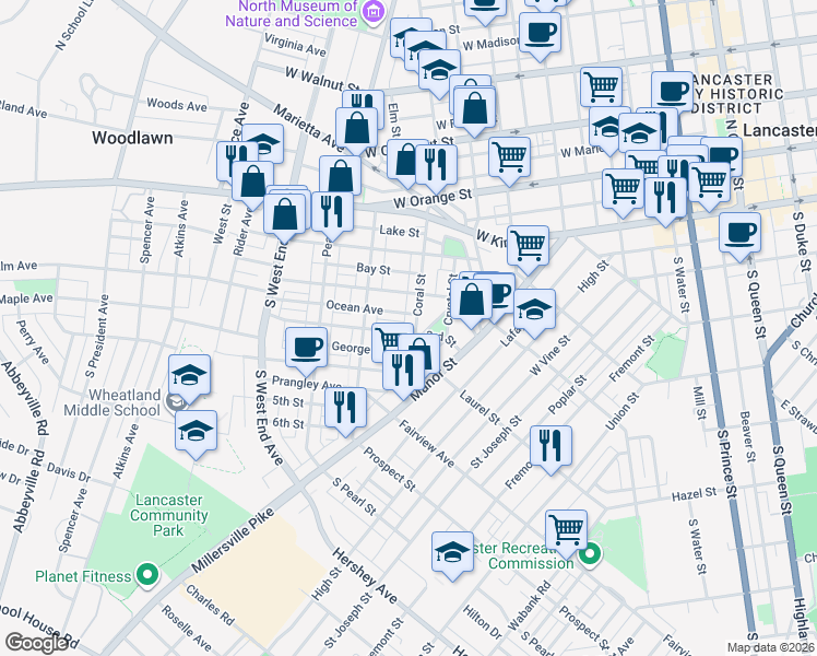 map of restaurants, bars, coffee shops, grocery stores, and more near 214 Coral Street in Lancaster