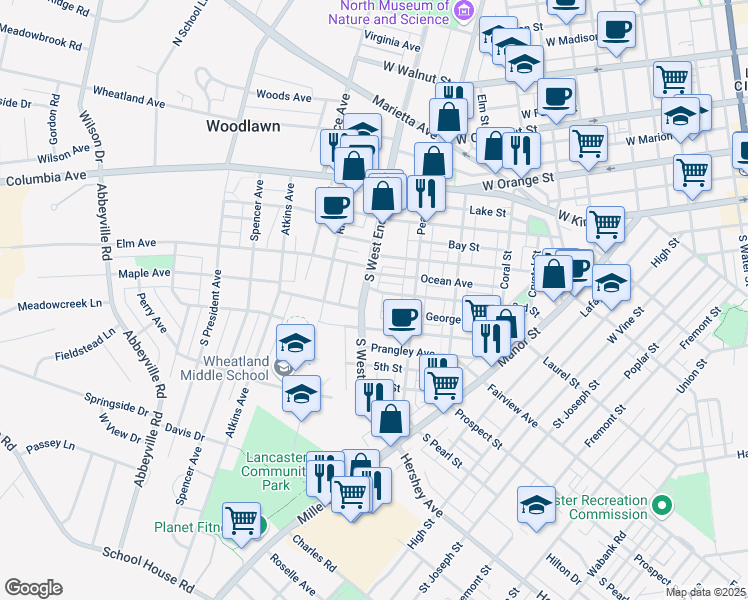 map of restaurants, bars, coffee shops, grocery stores, and more near 316 South West End Avenue in Lancaster