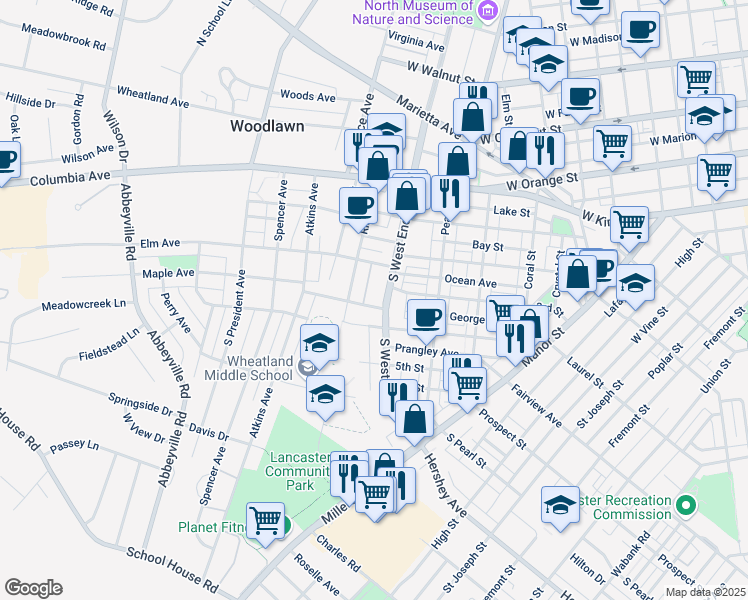 map of restaurants, bars, coffee shops, grocery stores, and more near 316 South West End Avenue in Lancaster