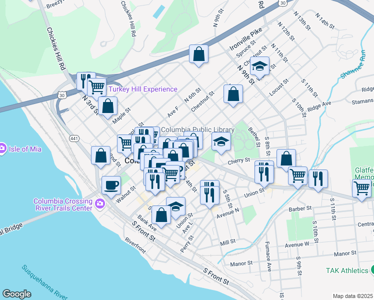 map of restaurants, bars, coffee shops, grocery stores, and more near 512 Walnut Street in Columbia