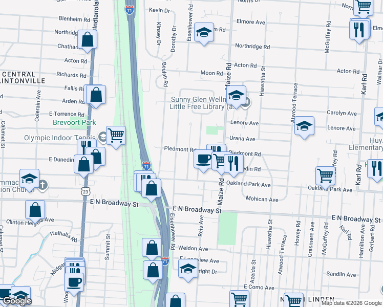 map of restaurants, bars, coffee shops, grocery stores, and more near 3430 Kimberly Avenue in Columbus