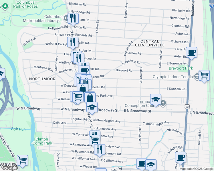map of restaurants, bars, coffee shops, grocery stores, and more near 129 Piedmont Road in Columbus